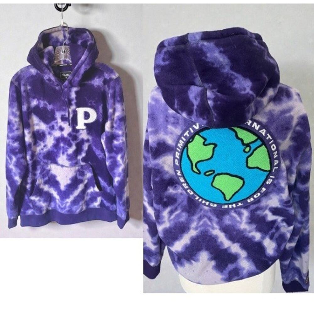 Primitive Skateboarding Hoodie M Purple Tie Dye Globe Logo Cozy Fleece Pullover